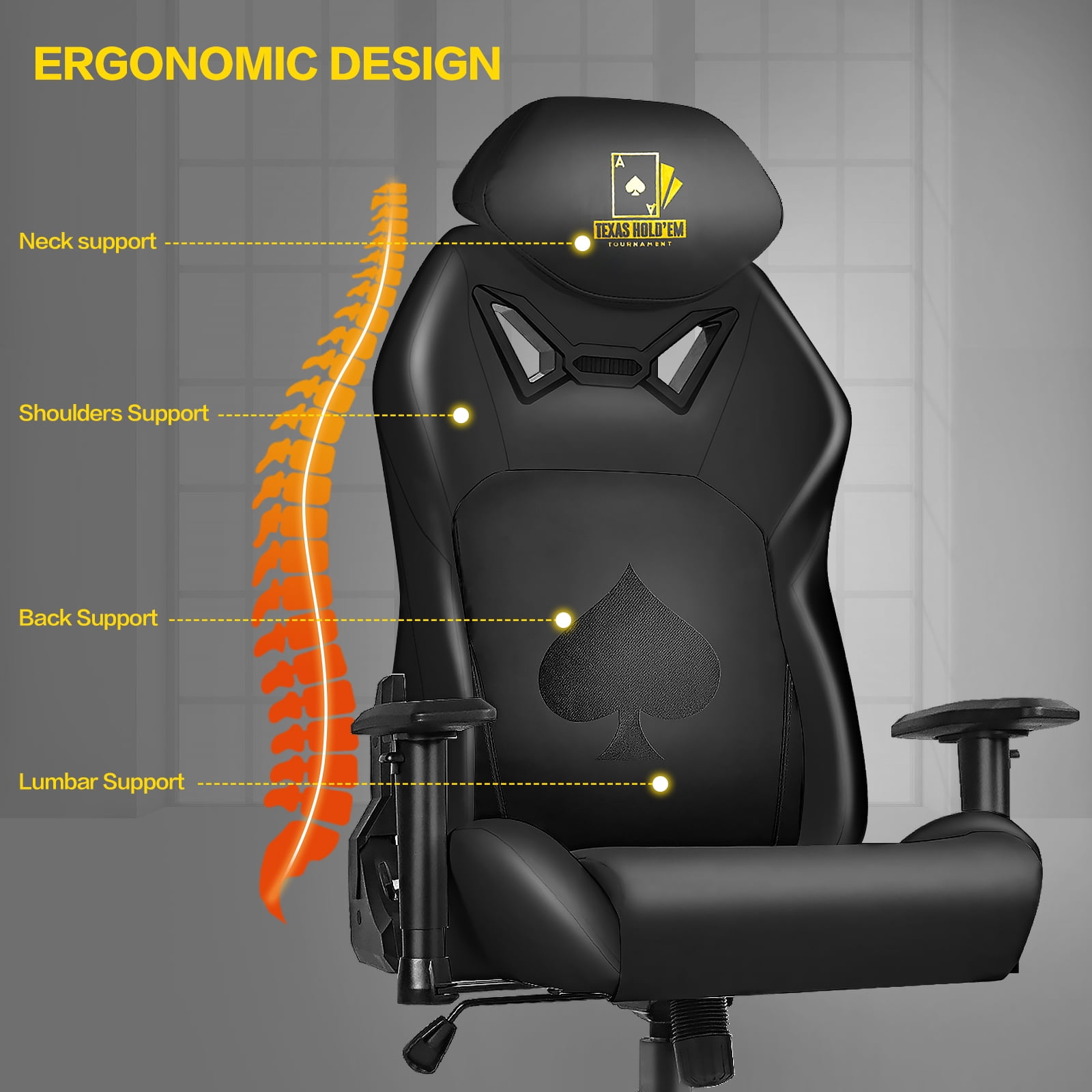 Ergonomic Video Poker Gaming Chair Recliner with Texas Hold'em Sign Swivel Chair with Poker Logo, Lumbar Support, Headrest, Height Adjustable for Study, Home Office, Black Poker 3