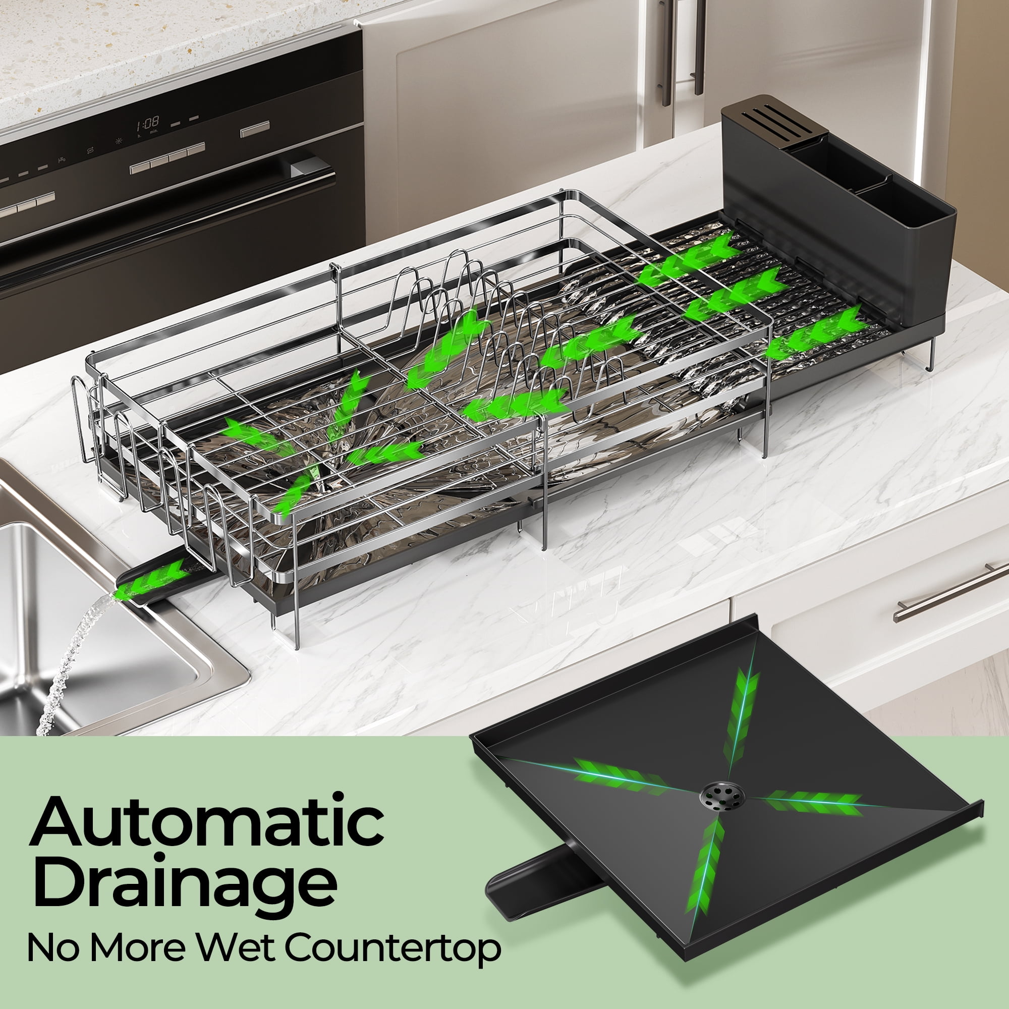 ORDORA Dish Drying Rack - Extendable Dish Rack Kitchen Drainer Set, Multifunctional Dish Drainer with Drainboard Set, Dish rack with Utensil Holder & Cup Holder, 13.4"-28.7" L x 11.8" W