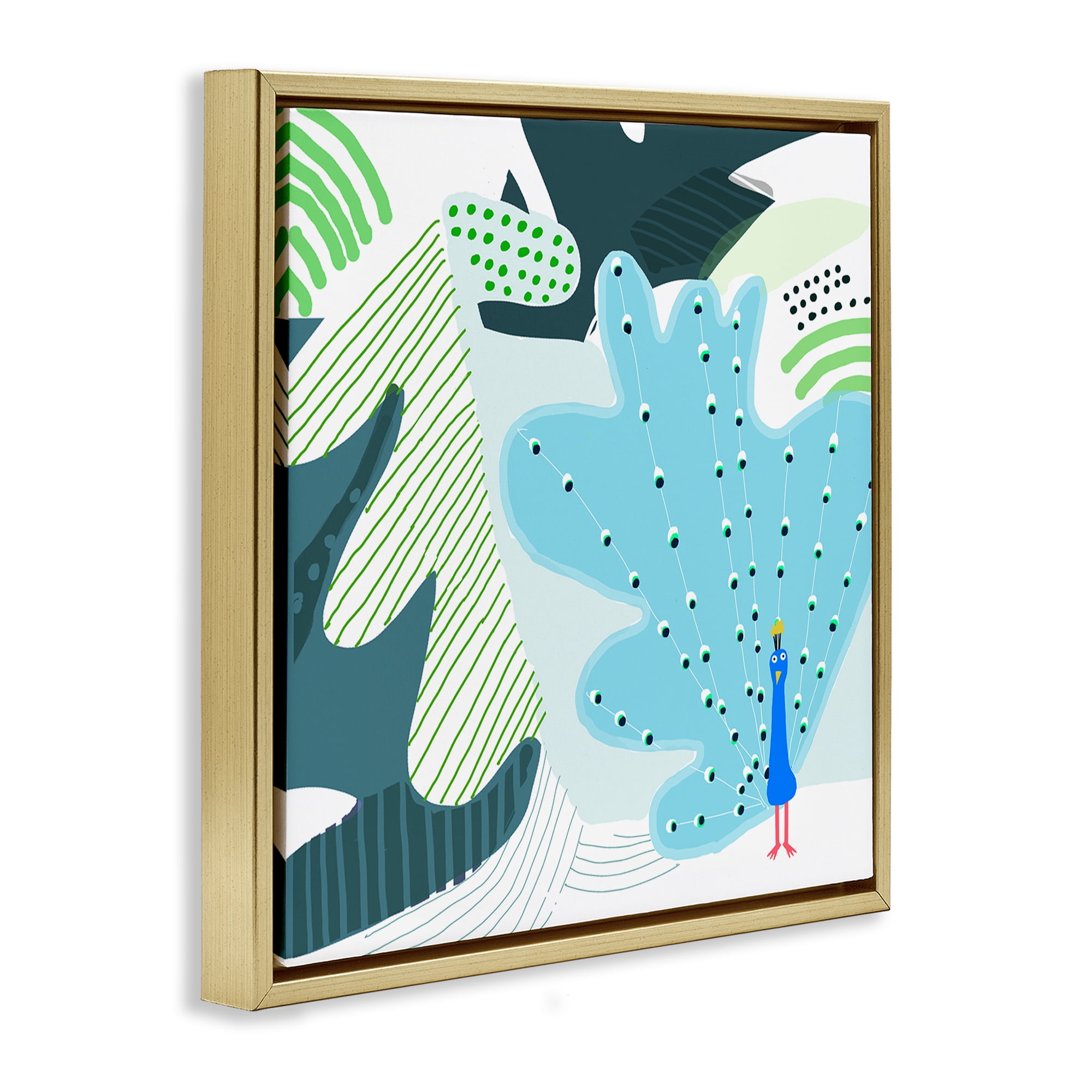Stupell Industries Whimsical Patterned Peacock Animals Painting Gold Floater Framed Canvas Art Print Wall Art, 25 x 25