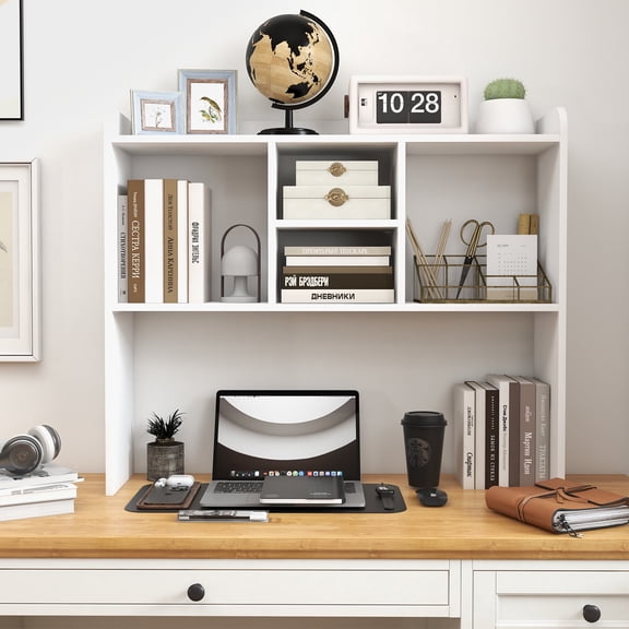 JOIVI Desktop Bookshelf, Countertop Storage Organizer Rack, Desk Hutch with 5 Shelves for Computer Desk, 3-Tier Desktop Display Organizer Rack for Office Dorm, White