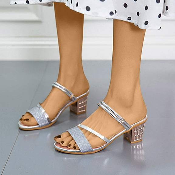 Hvyesh Sandals for Women Dressy Summer, Summer Casual Round-toe Slippers Chunky Heel Middle Heel Fashion Solid Color Slippers Size 6