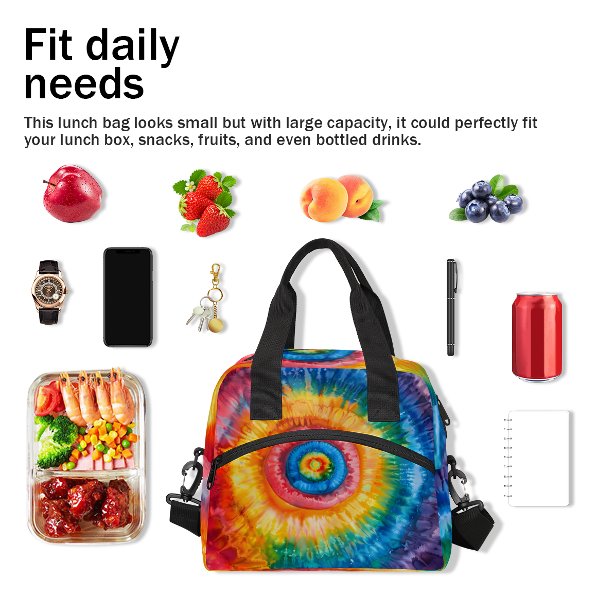 Herdesigns Tie Dye Colorful Rainbow Retro Insulated Lunch Bag for Women Men Adults Large Reusable Lunch Box Leakproof Portable Cooler Tote Bags with Adjustable Shoulder Strap