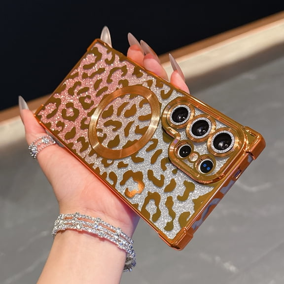 Decase for Samsung Galaxy S25 Ultra Magnetic Case,Shockproof TPU Electroplated Bumper Clear Back Cover Built-in Lens Film,Leopard Glitter Slim Cover,Support Wireless Charging,Orange