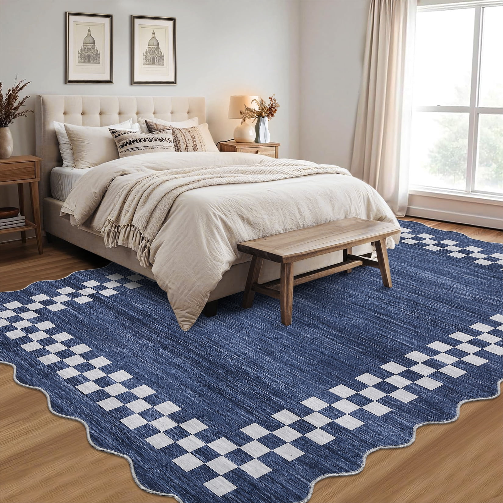 Garvee 10'x13' Scalloped Area Rug, Geometric Neutral Bordered Indoor Rugs Washable Rug Stain-Resistant Low Pile Carpet for Living Room Bedroom Home Decor, Blue