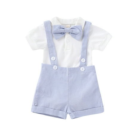 

Kucnuzki 18 Months Baby Boy Summer Outfits Shorts Sets 24 Months Short Sleeve Solid Color Bottom Snap Gentle Lapel Romper Tops Ordinary Shorts 2PCS Set Blue