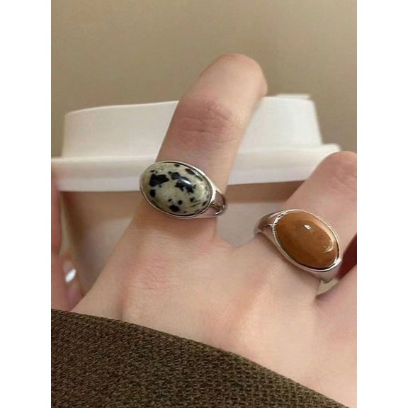Silver Tone Adjustable Open Ring Set With Dalmatian Jasper And Brown Agate Stones For Women Daily Wear