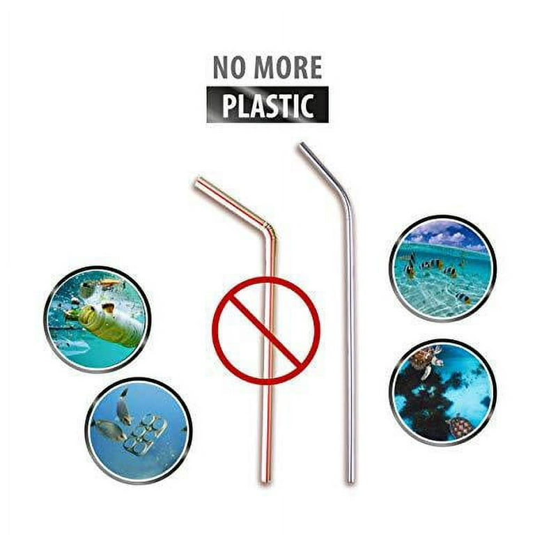 Reusable Straws Stainless Steel Straws -(10 Pack) with Silicone Tips,  Cleaning Brushes and Storage Pouch - 8.5 inch Reuse Straight and Curved  Drinking