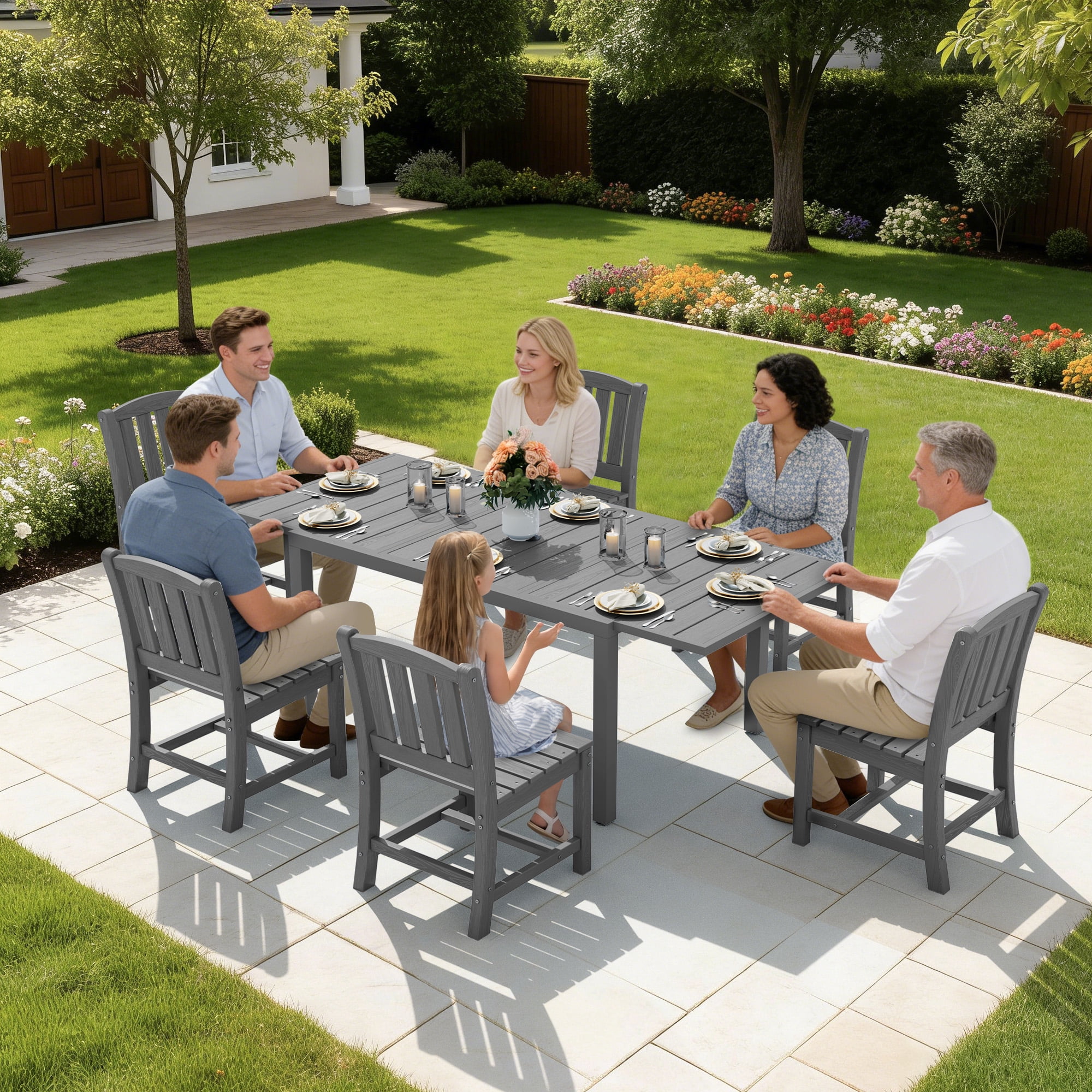 SERWALL 7-Piece Outdoor Dining Set with Expandable Patio Dining Table and 6 Chairs, 60–83 Inch All-Weather HDPE Patio Furniture Sets for Backyard, Garden, Deck, Poolside - Gray