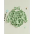 thumbnail image 3 of St Patricks Day Baby Girl Outfit Clover Print Smocked Bubble Romper Jumpsuits with Headband 0 3 6 12 18 Months Cotton Spring Clothes, 3 of 8