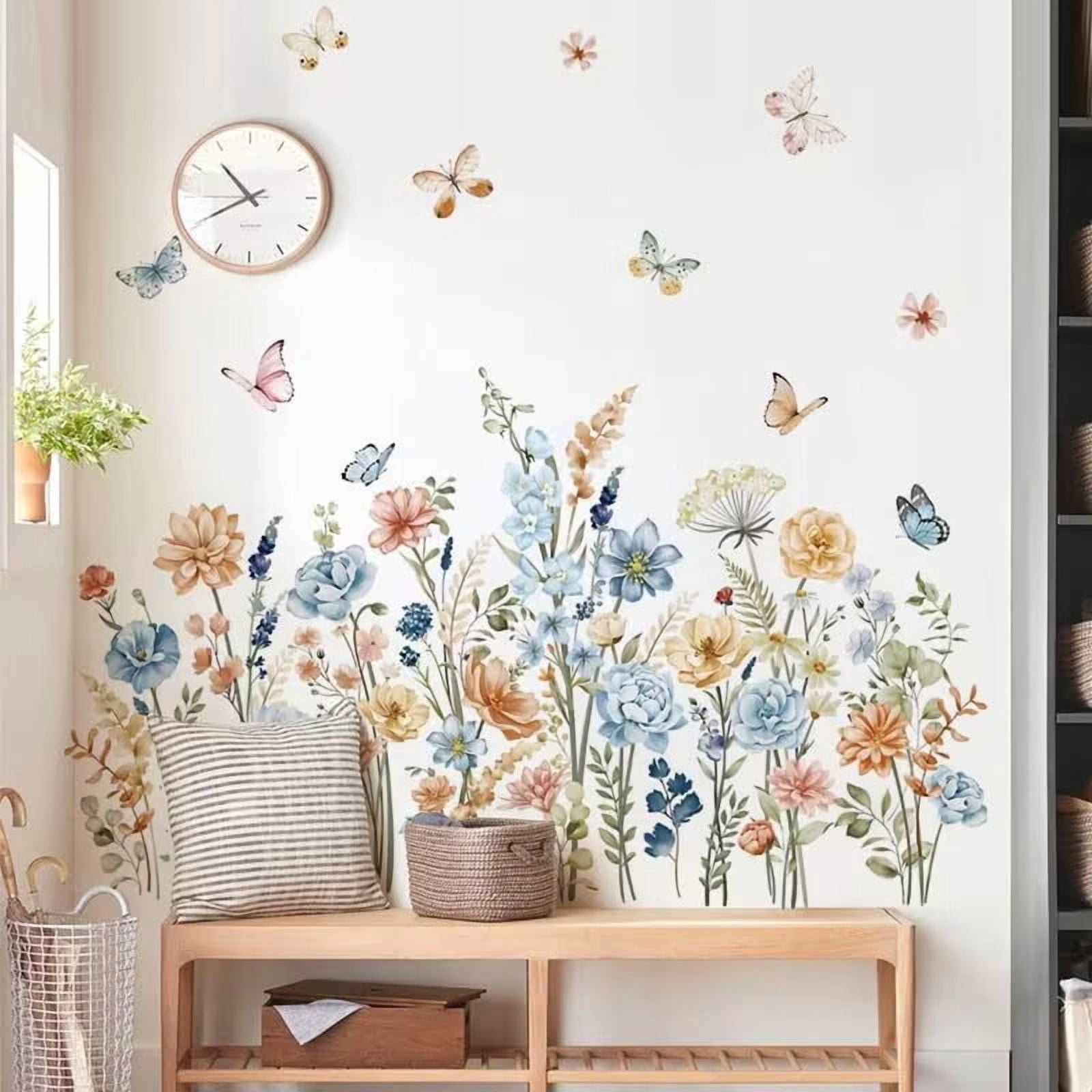 Watercolor plant stickers, flower wall stickers, butterfly wall stickers，Living Room DIY transparent stickers Peel and Stick Removable Home Decor Bedroom Sofa TV Wall Art Decoration