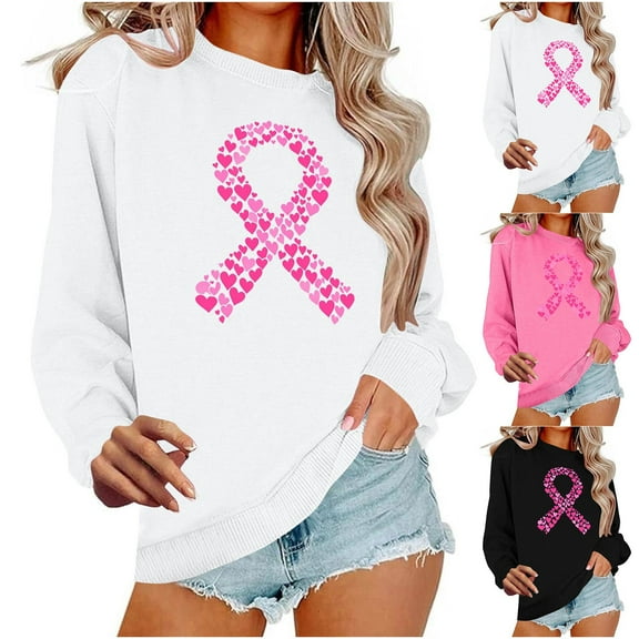 yoeyez Breast Cancer Awareness Shirts for Mom Pink Ribbon Graphic Tee Long Sleeve Crewneck Sweatshirts Pullover Black,XS