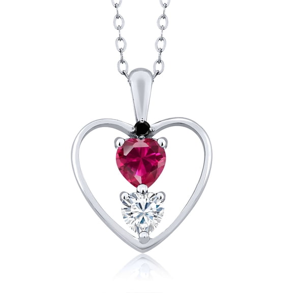 Gem Stone King 925 Sterling Silver Red Created Ruby White Moissanite and Black Diamond Pendant Necklace for Women (0.84 Cttw, Gemstone July Birthstone, Heart 5MM and 4MM, with 18 inch Silver Chain)