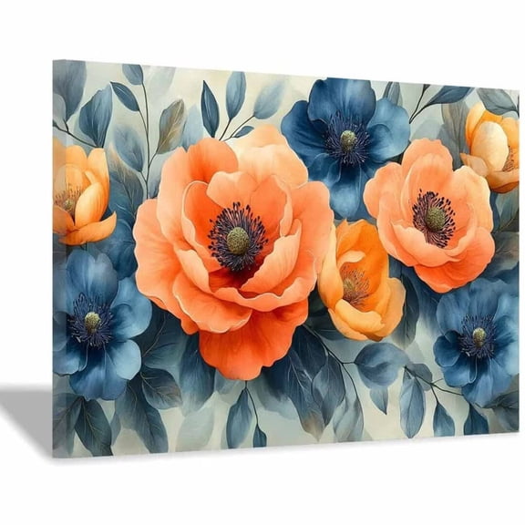 Mudket Framed Floral Canvas Wall Art Orange Navy Flower Prints Wall Decor Neutral Botanical Canvas Print Ready to Hang for Living Room Bedroom Office Farmhouse Wall Decor - 12"L x 8"W