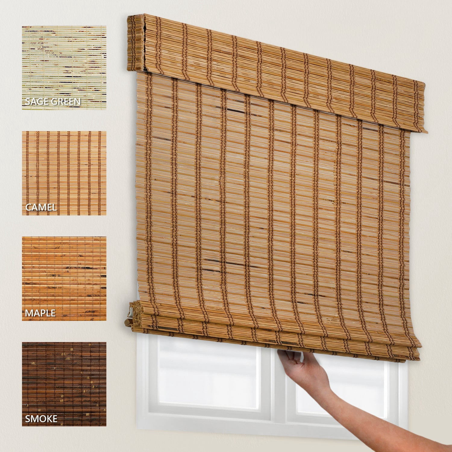 Natural Woven Light Filtering Cordless Bamboo Roman Shades for Windows, 33 in. W x 60 in. L, Camel