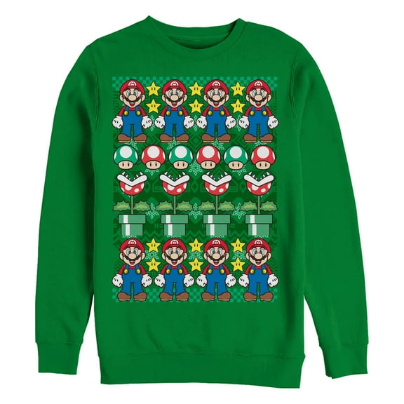 Men's Nintendo Ugly Christmas Mario Sweatshirt Kelly Green 3X Large