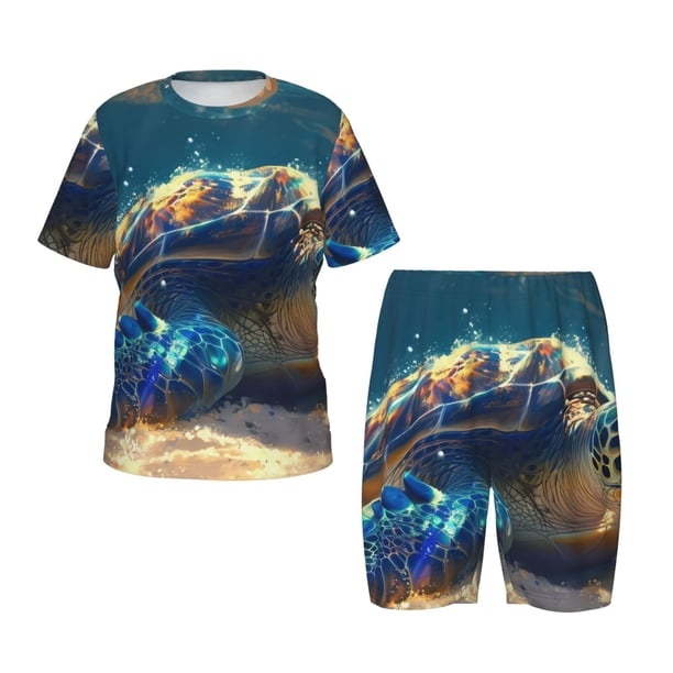 Balery Sunshine Underwater Sand Turtle Conjunto de Pijama Infantil de Manga Corta con Estampado – Ropa de Dormir de Algodón Suave-XX-Large