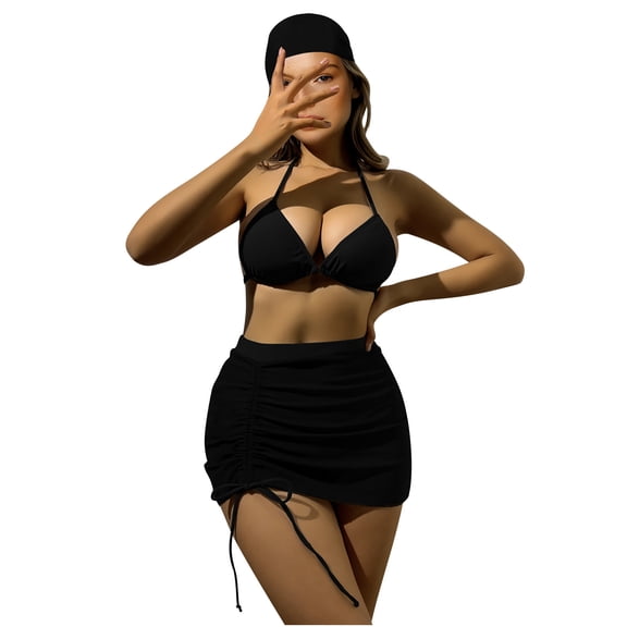 Ygbgbb Bikini Sets for Women Bikini Set Deep V Straps Bikini Tops Three Piece Swimsuit Set Beachwear Two Piece Bathing Suit Summer Swimwear(Black,L)