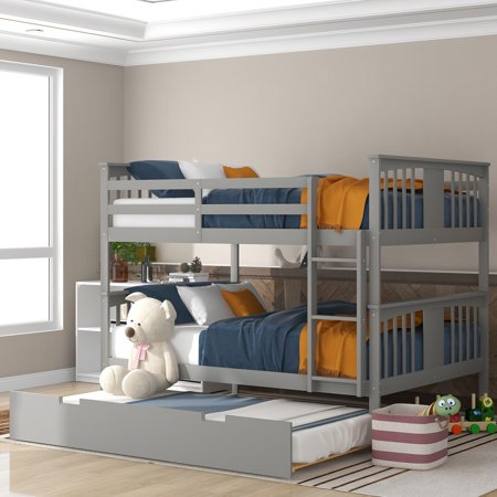 Full over Full Bunk Bed with Twin Size Trundle and Ladder  Convertible Bunk Bed with Safety High Guardrails for Kids Teens Adults  Gray