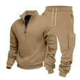 thumbnail image 6 of Men's Winter 2-Piece Set, Quarter-Zip Stand Collar Fleece Sweatshirt with Multi Pockets and Cargo Jogger Pants, Casual Workwear For Cold Weather,Camel,M, 6 of 8