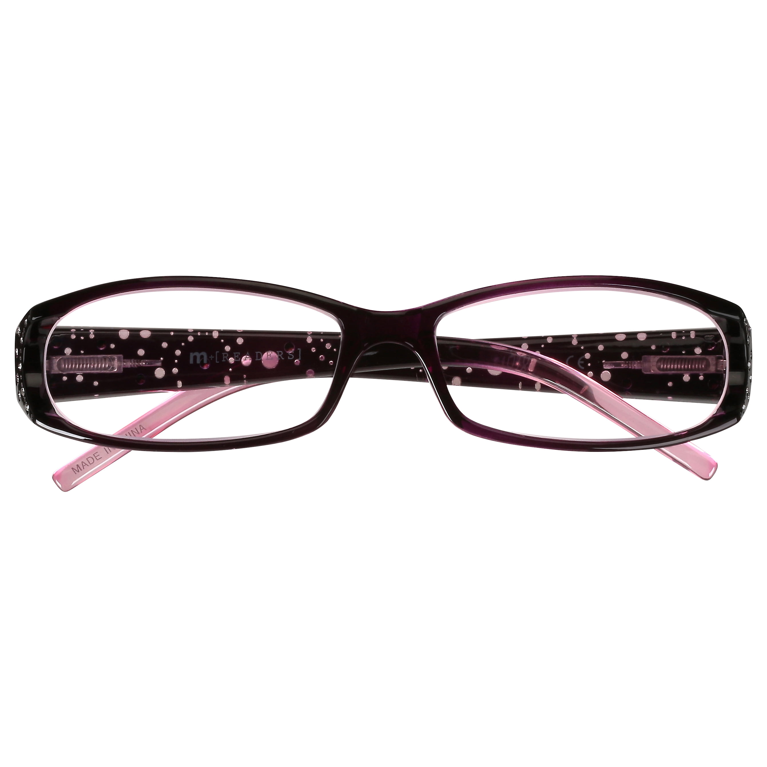 (2 pack) M+ Womens Rectangular Plastic Reading Glasses 3.00 Amber in Purple with Rhinestones