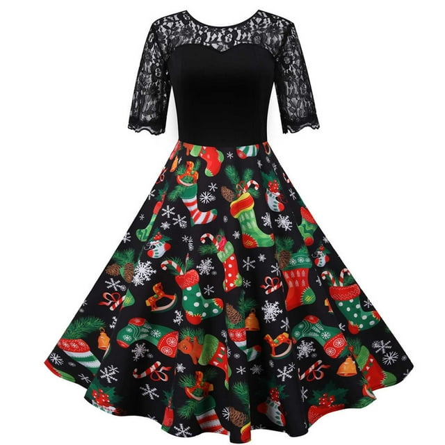 Robes de Cocktail et de Fête Aqestyerly Noël Robe Vintage à Manches Courtes Col Rond Imprimé Robe de Soirée