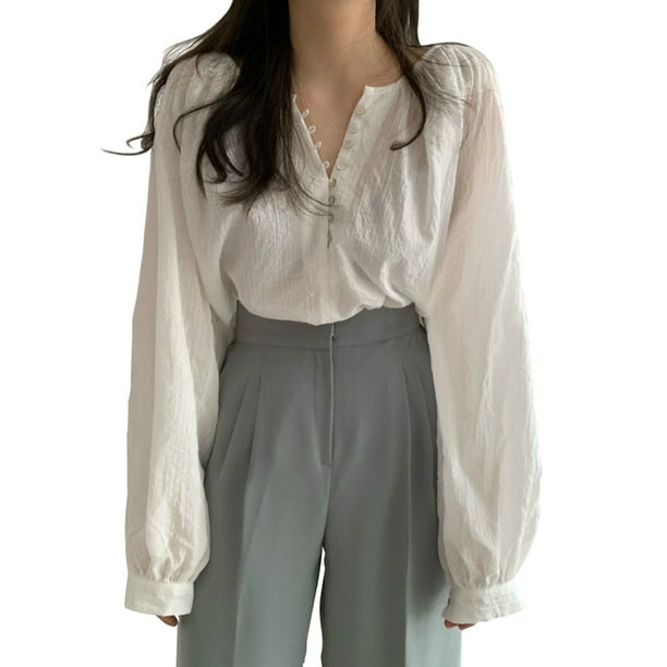 Camisa de mujer manga larga con cuello en V blusa suelta informal transpirable, blanco sidaley AP001131-01