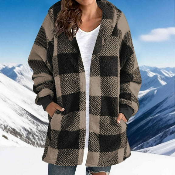 Black*Friday/Cyber*Monday GaThRRgYP Womens Coats with Hoods,Women S Winter Loose Warm Hooded Plaid Side Pocket Mid Length Jacket Top Coffee S