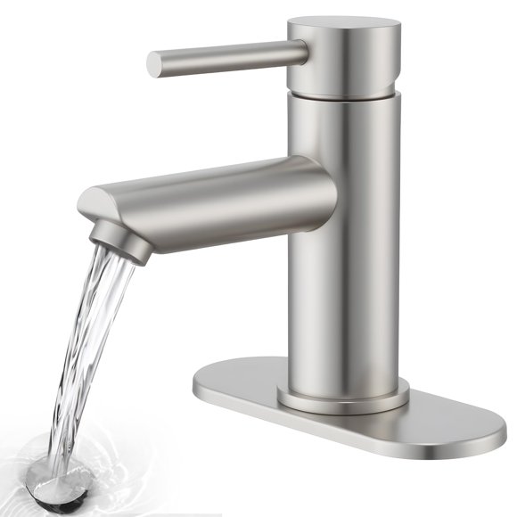 KPW Bathroom Faucets Lavatory Faucet Single Handle Brushed Nickel Stainless Steel Faucet Deck Mount 1 or 3 Hole with Deck and Pop-up Drain Water Suppl