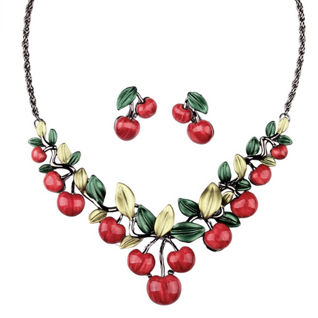 cherry jewelry set cherry necklace ear stud cherry collarbone chain