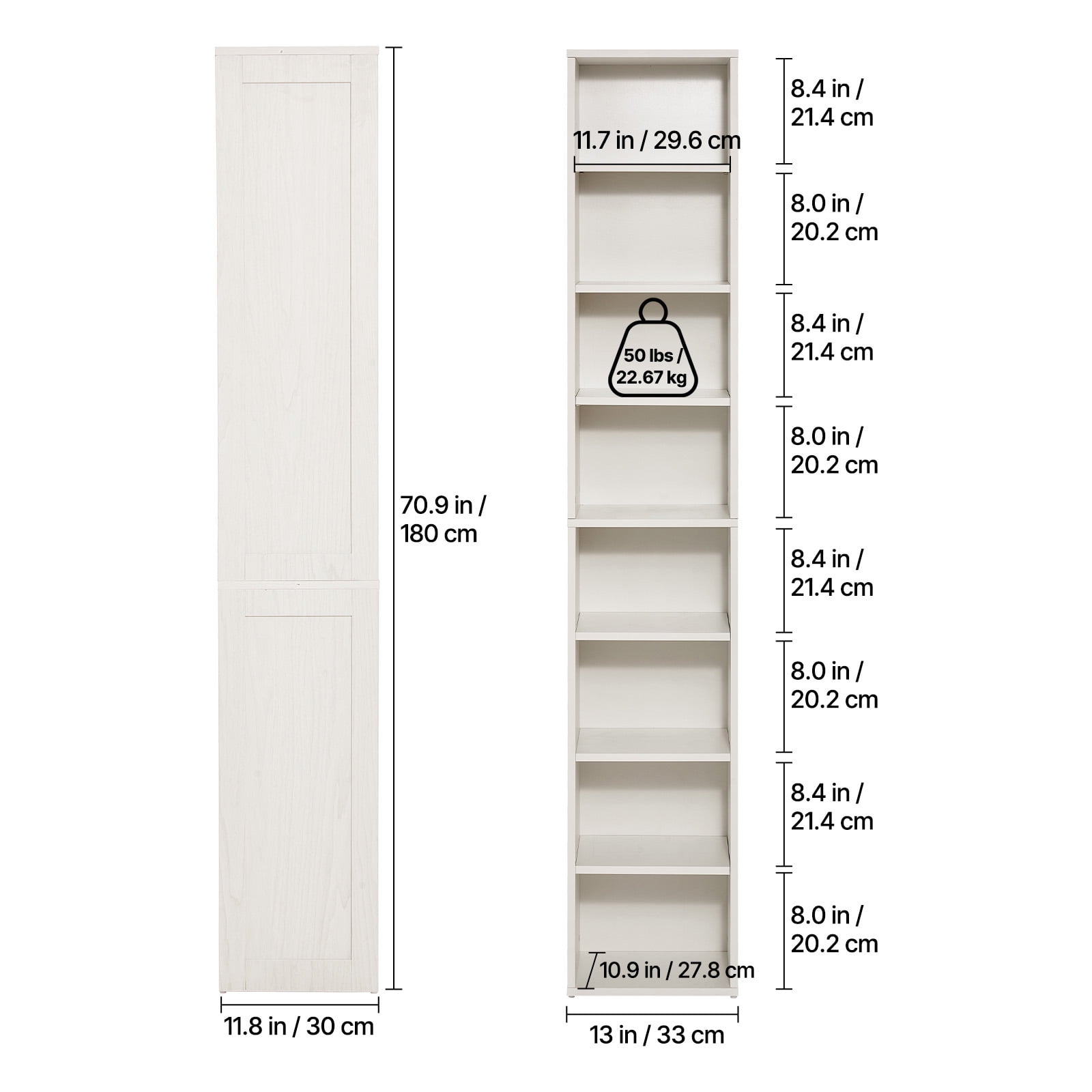 KFFKFF 8-Level Slim Bookcase, 71-inch Wood-Based Tall Open Shelving Unit with Flexible Shelf Height, Independent Floor Standing Storage Display Bookshelf for Study, Bedroom, Lounge, in White