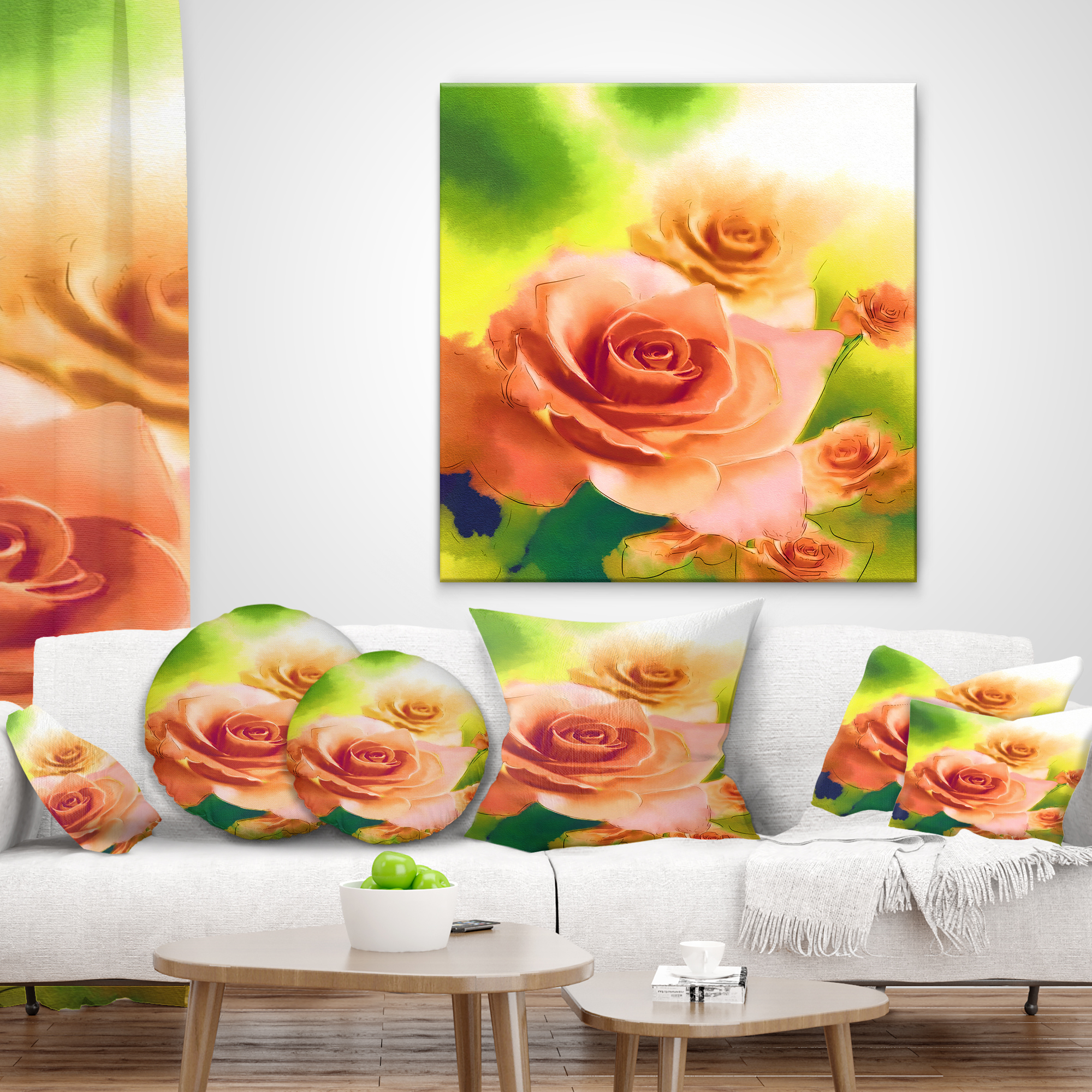 Designart Beautiful Watercolor Roses on Green - Flower Throw Pillow - 16x16