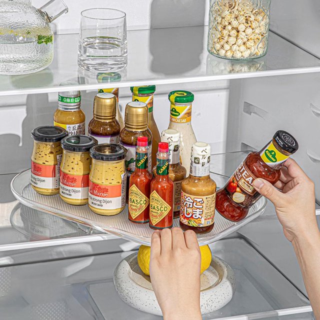 Organizador de plataforma giratoria para refrigerador, almacenamiento rectangular transparente de 15,67 pulgadas, para gabinete, mesa, despensa, cocina, encimera