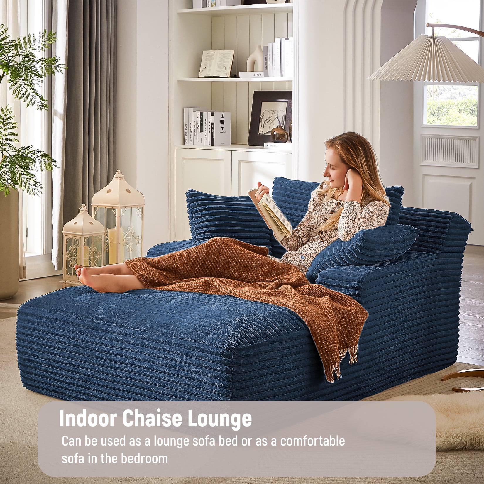 Chaise Lounge Chair Indoor, 50'' Upholstered Sofa Bed with 2 Throw Pillows, Comfy Lounge Indoor, Sleeper Reading Chair, Oversized Recliner Sofa, Fluffy Couch (Blue)