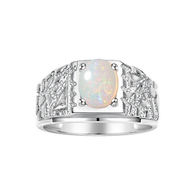 RYLOS Men's Rings Sterling Silver Designer Nugget Ring Oval 9X7MM Gemstone & Diamonds Opal October Birthstone Rings For Man Size 12