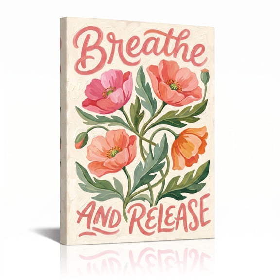 XaaKee Poppy Breathe Canvas Wall Art Retro Acrylic Flowers Typography Framed Art Prints for Living Room Decor Inner Framed 18*12Inch