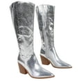 thumbnail image 2 of Berness Women Knee High Western Cowboy Boots Side Zippers Block High Heel Pointed Toe Snakeskin Print LILIBETH Silver Patent 5.5, 2 of 6