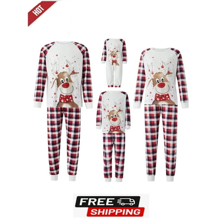 

Christmas Pajamas for Family with Cartoon Elk Plaid Print Crew Neck Ribbed Cuffs Holiday Clothing