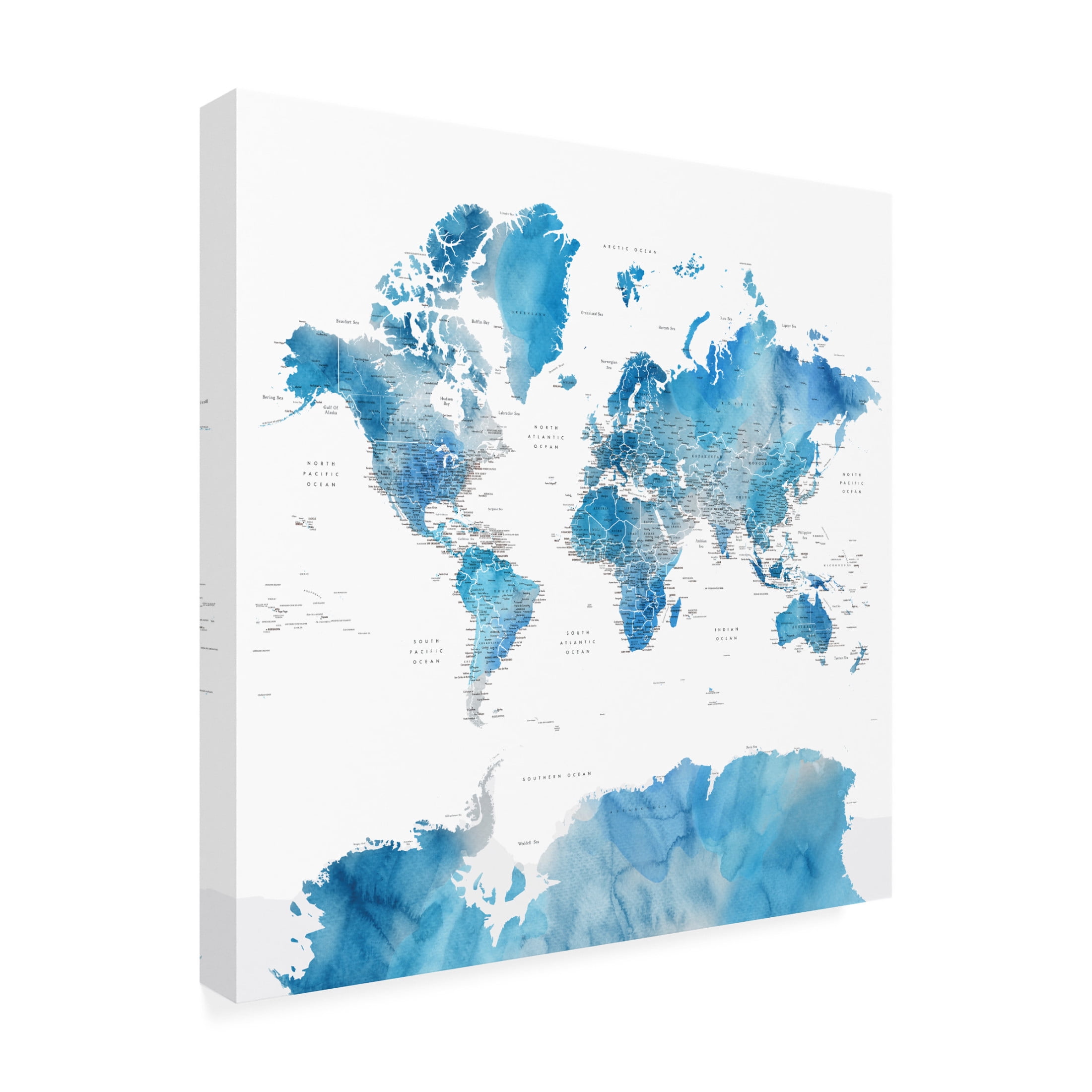 Canvas Wall Art - blursbyai 'Raleigh Detailed Watercolor World Map' Wall Art for Living Room, Bedroom, or Office Décor by Trademark Fine Art - 35 x 35 Inches