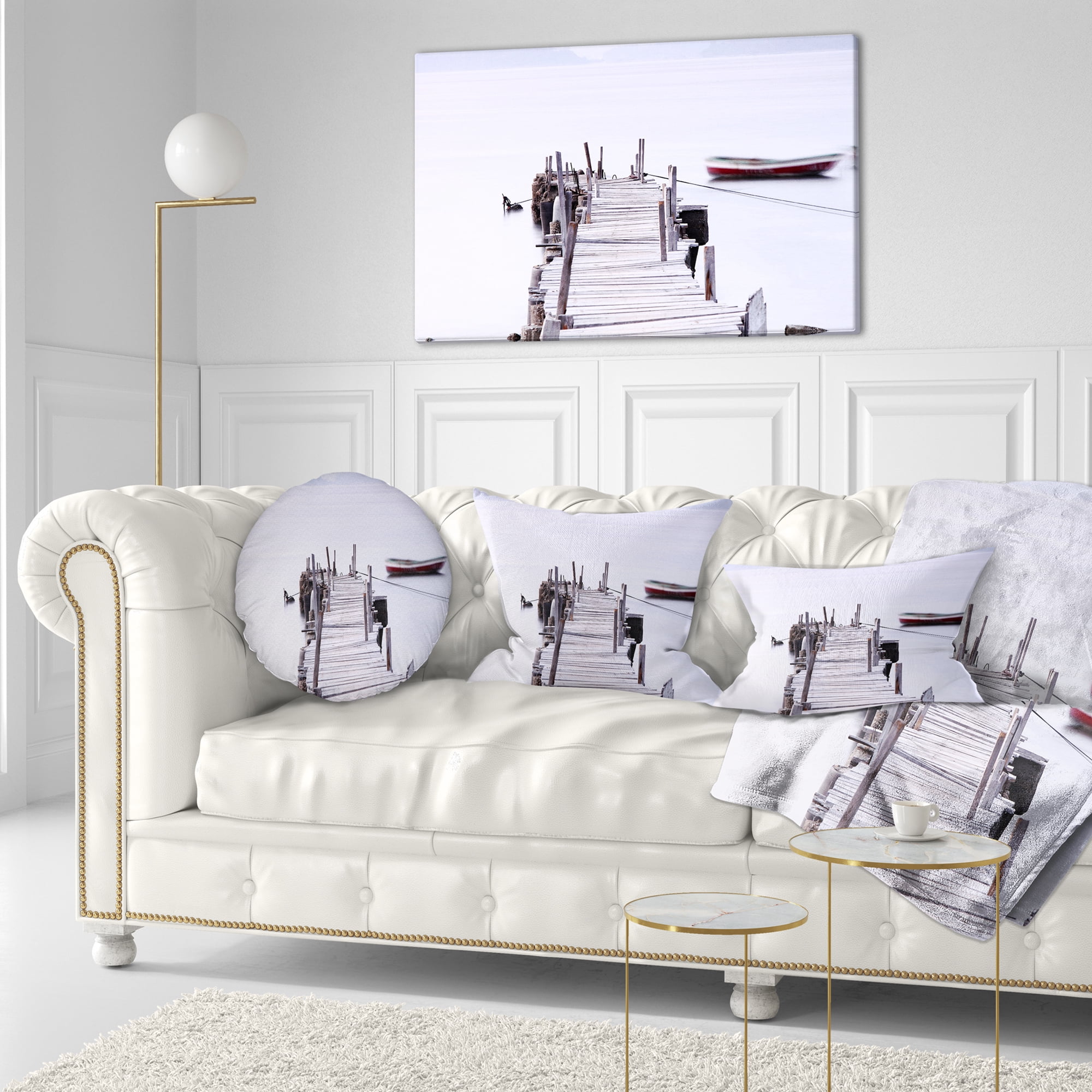 Designart Foggy Sea with Pier and Boats - Seascape Throw Pillow - 12x20