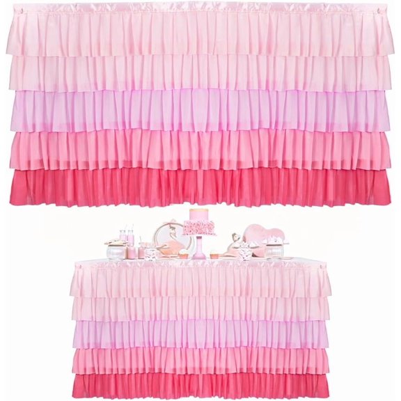 6 Layers Tulle Pink Desk Skirt Gradient Pink Tutu Tulle Table Skirt Chiffon Tables Cloth for Rectangle Desk Ruffle Table Skirting