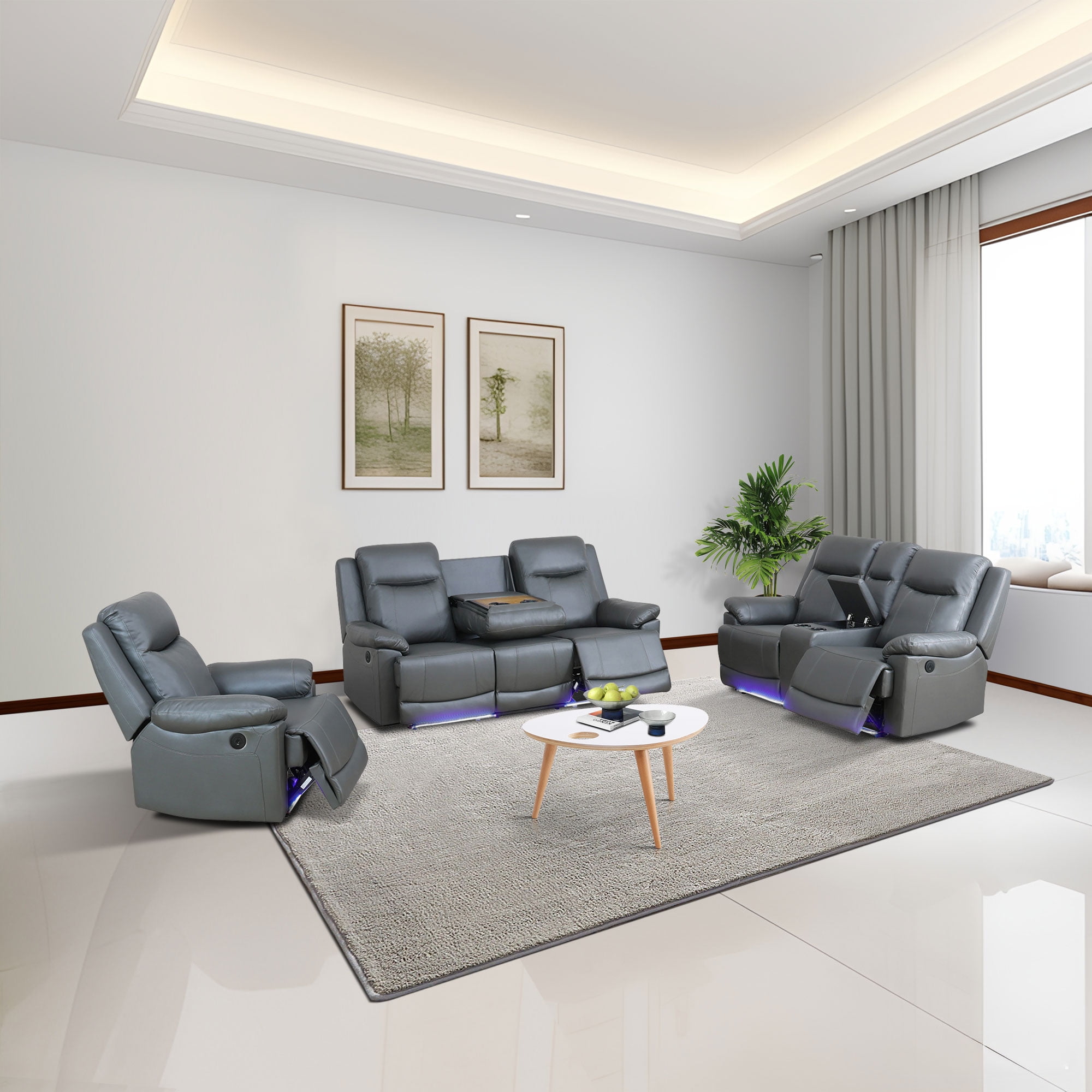 Gewnee Silver Gray 3-Piece Living Room Recliner Sofa Set with Console & Cup Holders,Air Leather, Solid Wood Frame & Double-Layer Springs