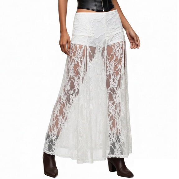 DHFJKG Women's Lace Sheer Maxi Skirts Floral A-Line Ruffle Boho Gothic Long Skirts See Through Trendy Skirt