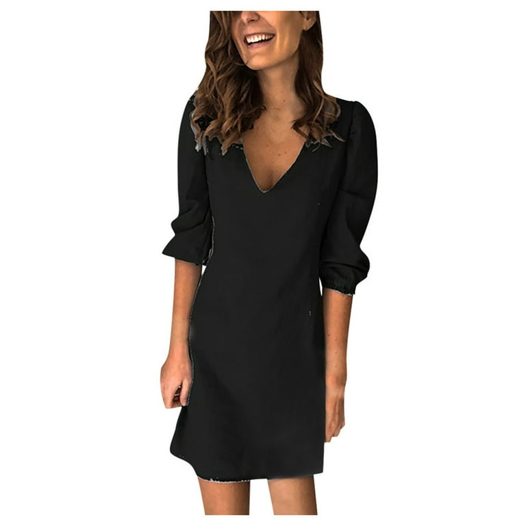 ladies summer denim dress Apexfwdt Womens Summer Denim Mini Dress Button Down Short Sleeve Babydoll Dress for Women Elegant Casual Tie Waist Jean Dresses, Women's, Size: Medium