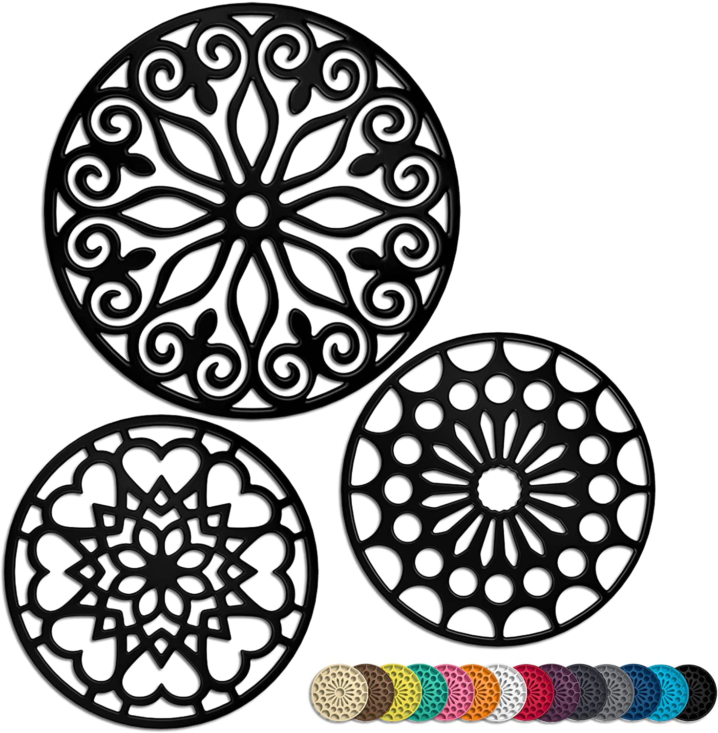ME.FAN 3 Set Silicone Multi-Use Intricately Carved Trivet Mat Insulated Flexible Durable Non Slip Coasters Black 