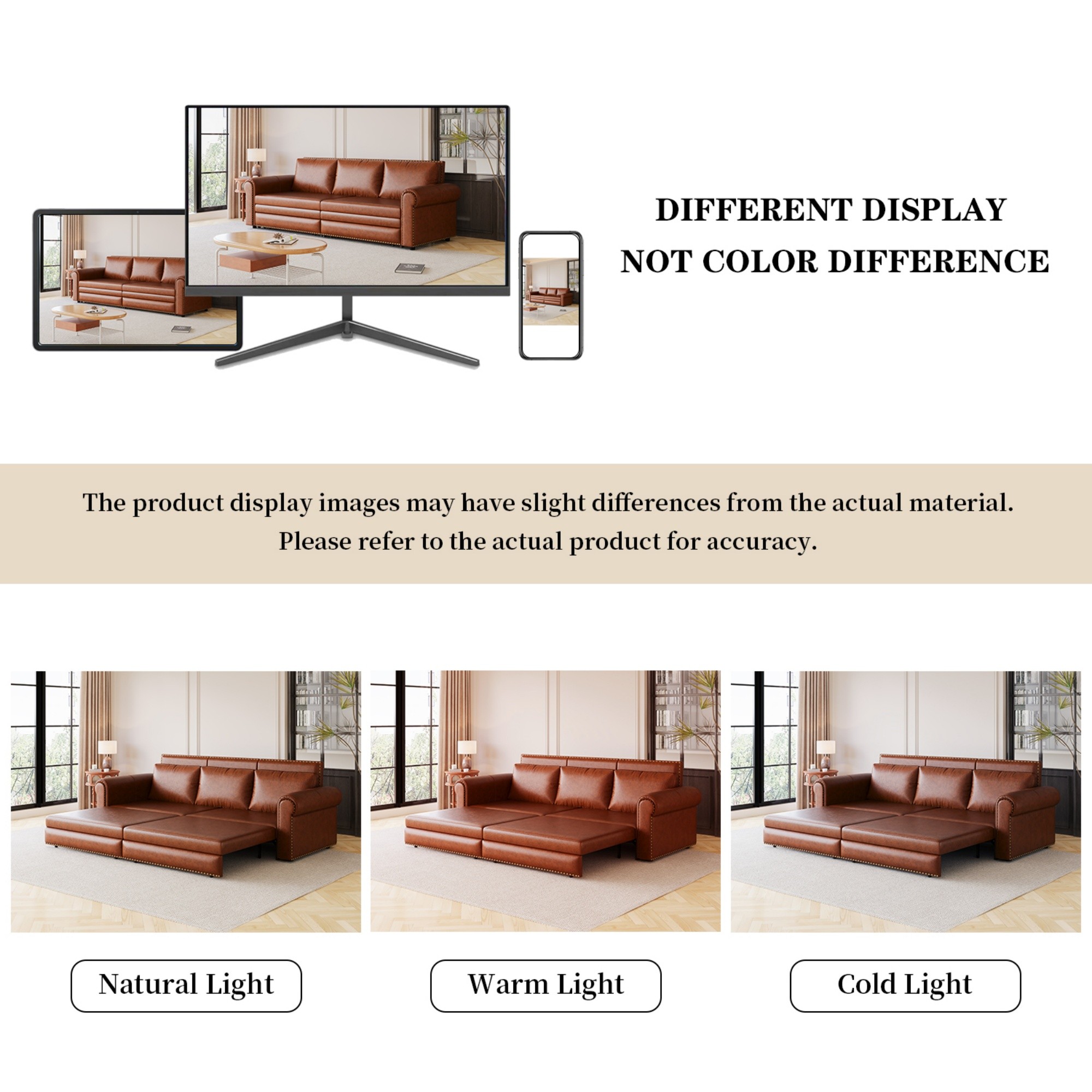 Aukfa 93.7" King Pull Out Sofa Bed, Faux Leather 3-in-1 Convertible Chesterfield Sleeper Sofa Couch with Nailhead Trim & Rolled Arms, Light Brown