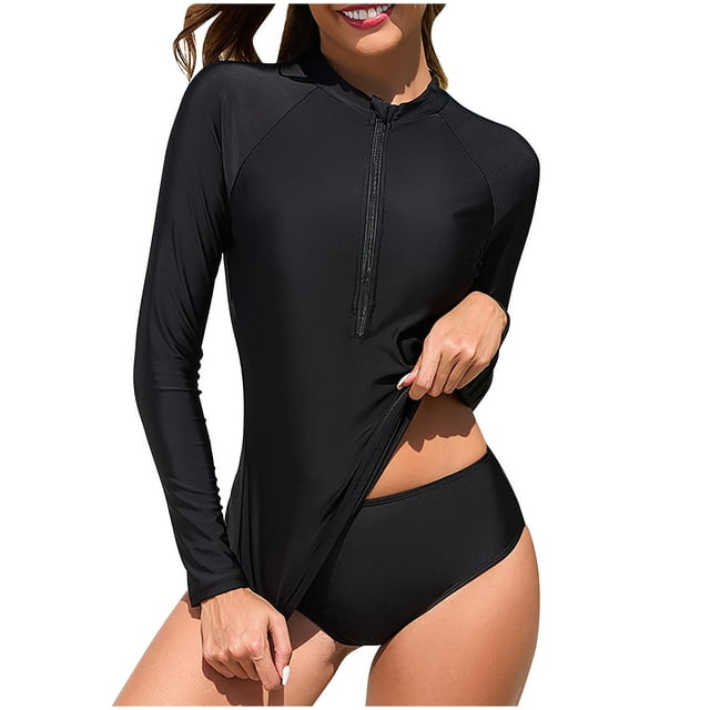 Women Long Sleeve Rash Guard 2 Piece with Bottom Zipper Swimsuit UPF 50 Sun Protection Bathing Suit