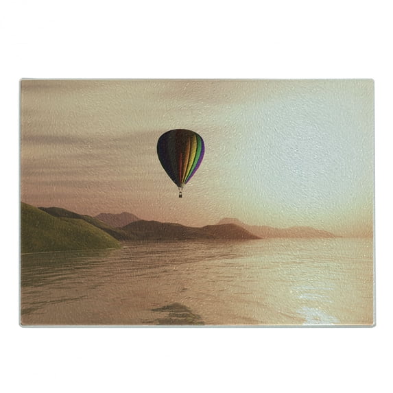 Hot Air Balloon Cutting Board, Sunset Seaside Landscape Mountains Waves Reflection, Decorative Tempered Glass Cutting and Serving Board, in 3 Sizes, by Ambesonne