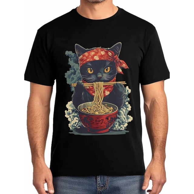 Camisetas vintage de manga corta con diseño de gato y ramen para hombre, cuello redondo, estilo japonés.