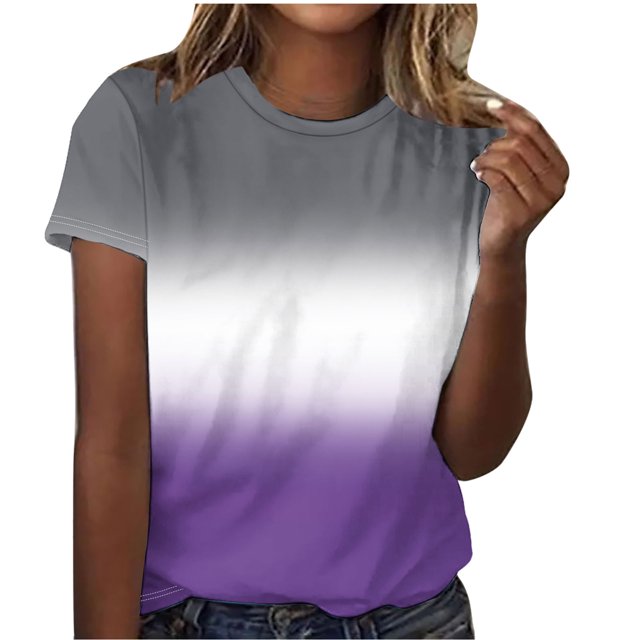 UPPADA T-Shirts d'Été Mignons pour Femmes Tendance à Imprimé Dégradé T-Shirts Chemises Décontractées à Col Rond Blouses Coupe Ample Chemises Basiques Blouses Violet,G