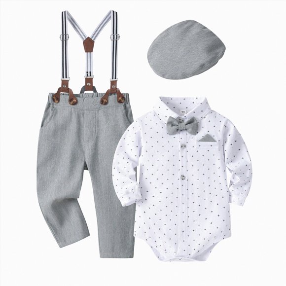 Zanarzt Baby Boys 1st Birthday Outfits Gentleman Boys Long Sleeved Shirt Wrapped Overalls Suit Fashionable Print Baby Gentleman Suit Grey,18-24 Months